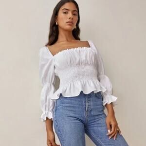 Reformation Oak Grove Square Neck White Linen Smocked Blouse Small NEW NWOT